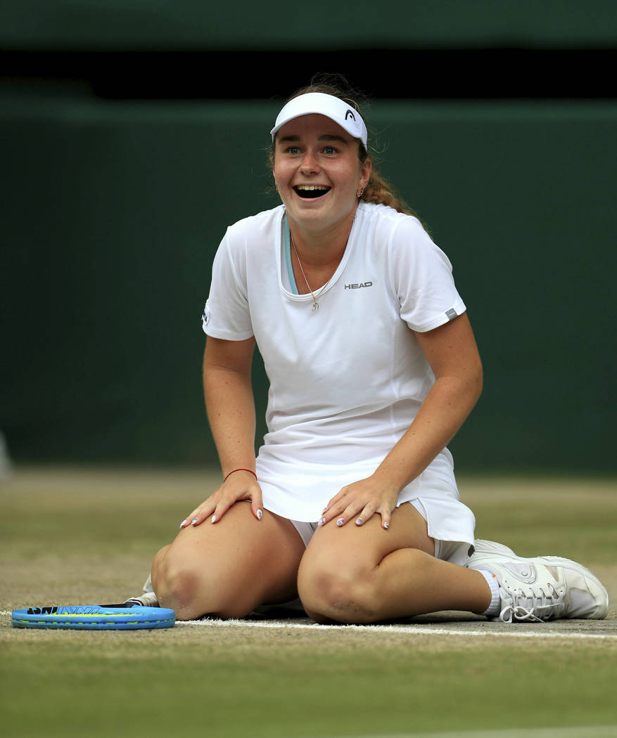 Finland's Daria Snigur celebrates winning against Alexa Noel of the US, during the girls' singl ...