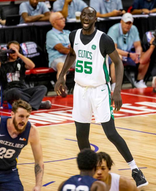 Boston Celtics center Tacko Fall calls out a defense to teammates versus the Memphis Grizzlies ...