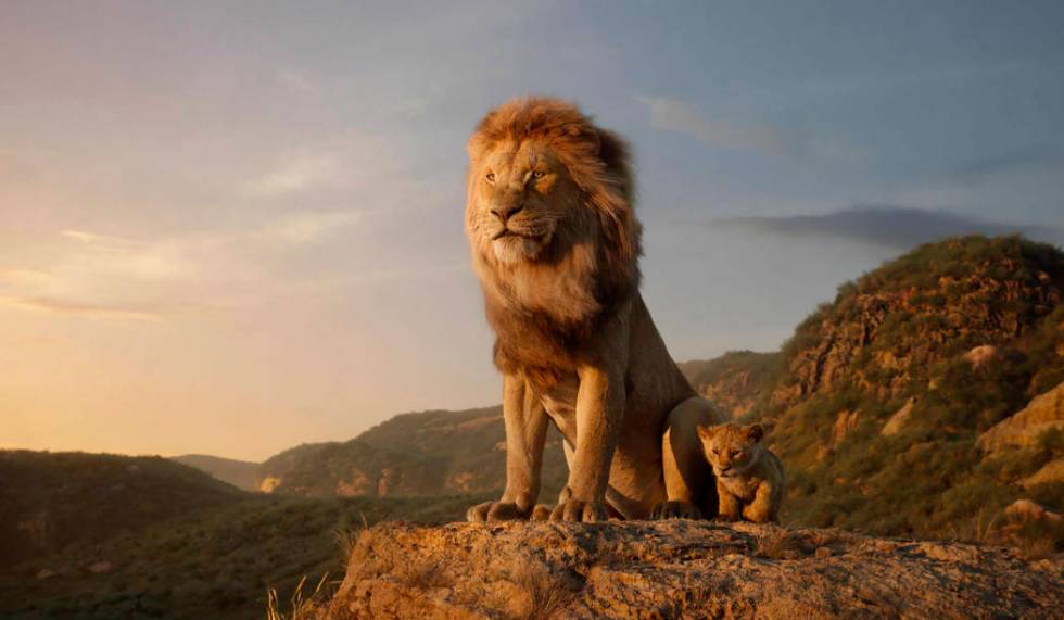 This image released by Disney shows characters, from left, Mufasa, voiced by James Earl Jones, ...