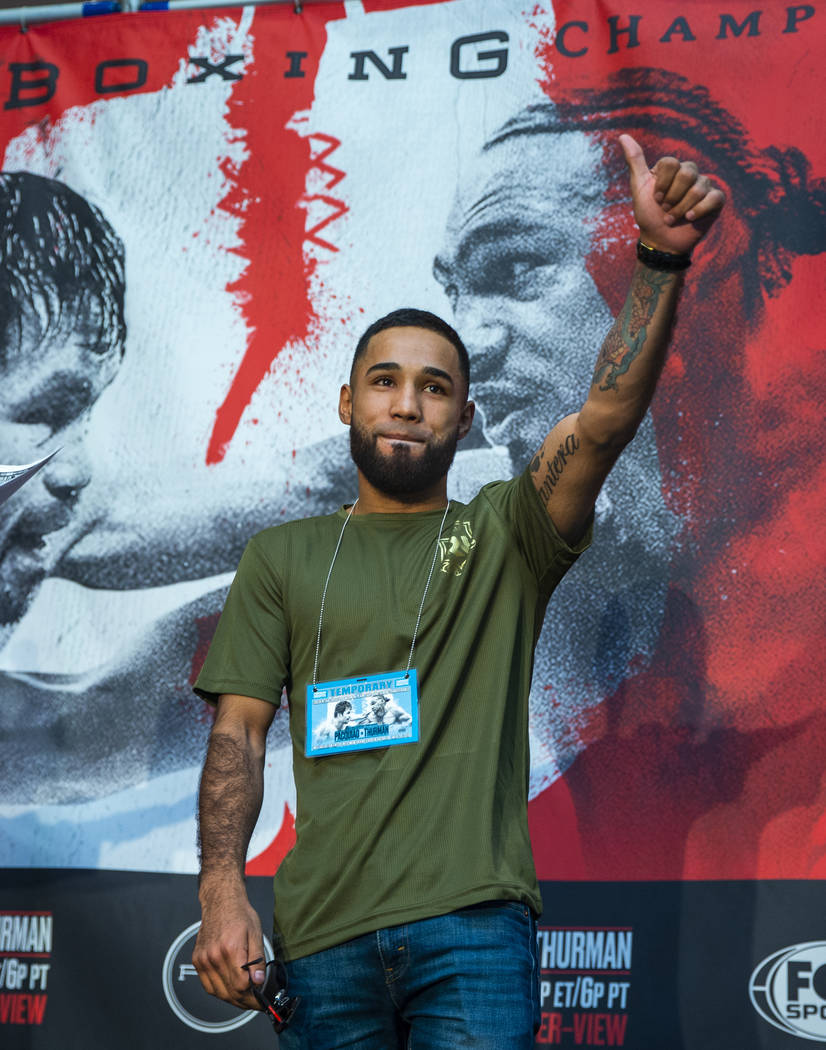 Boxer Luis Nery gives a thumbs up to the crowd during fighter grand arrivals at the MGM Grand o ...