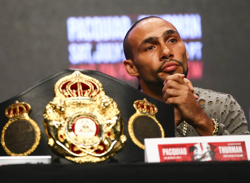 Keith Thurman listens during a press conference ahead of his WBA welterweight championship matc ...