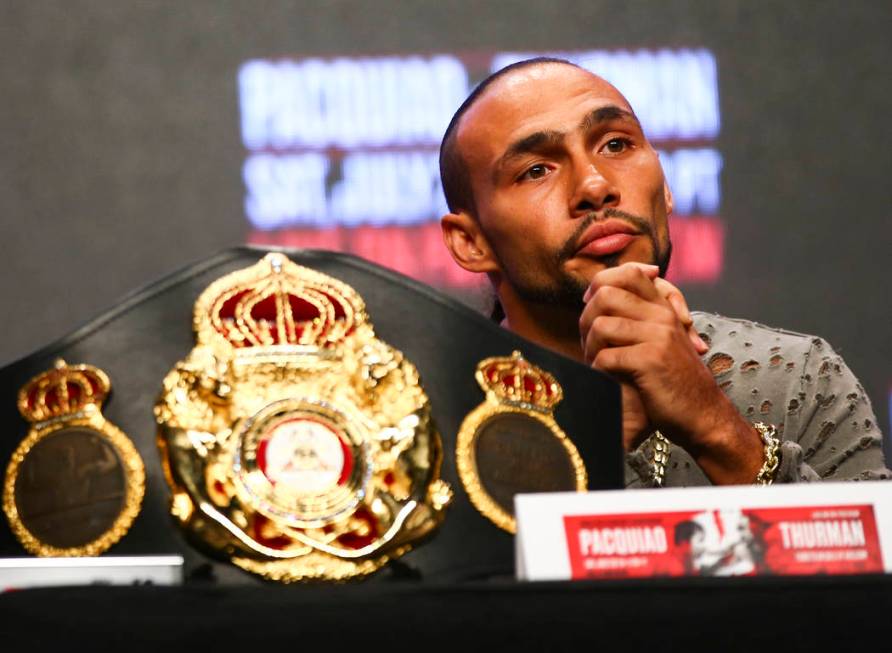 Keith Thurman listens during a press conference ahead of his WBA welterweight championship matc ...