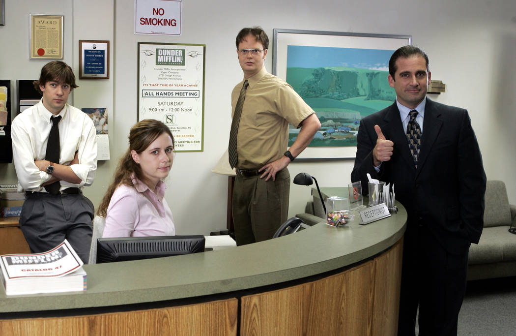 "The Office" stars John Krasinski as Jim Halpert, left, Jenna Fischer as Pam Beesly, Rainn Wils ...