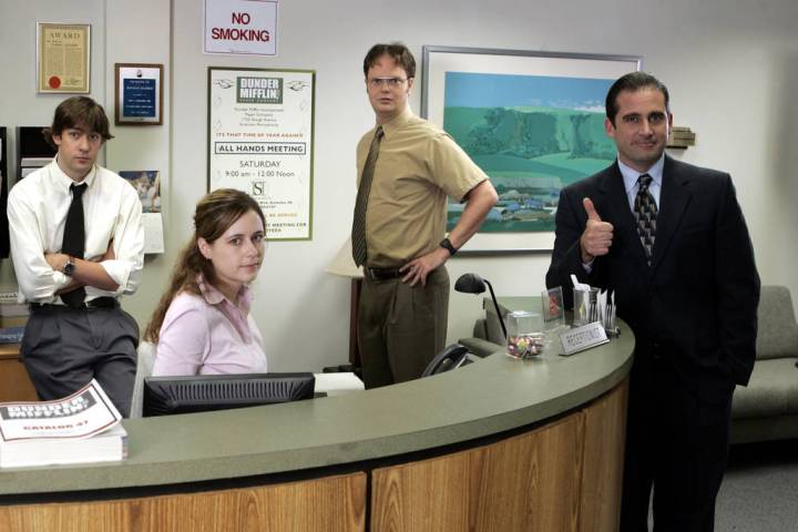 "The Office" stars John Krasinski as Jim Halpert, left, Jenna Fischer as Pam Beesly, Rainn Wils ...
