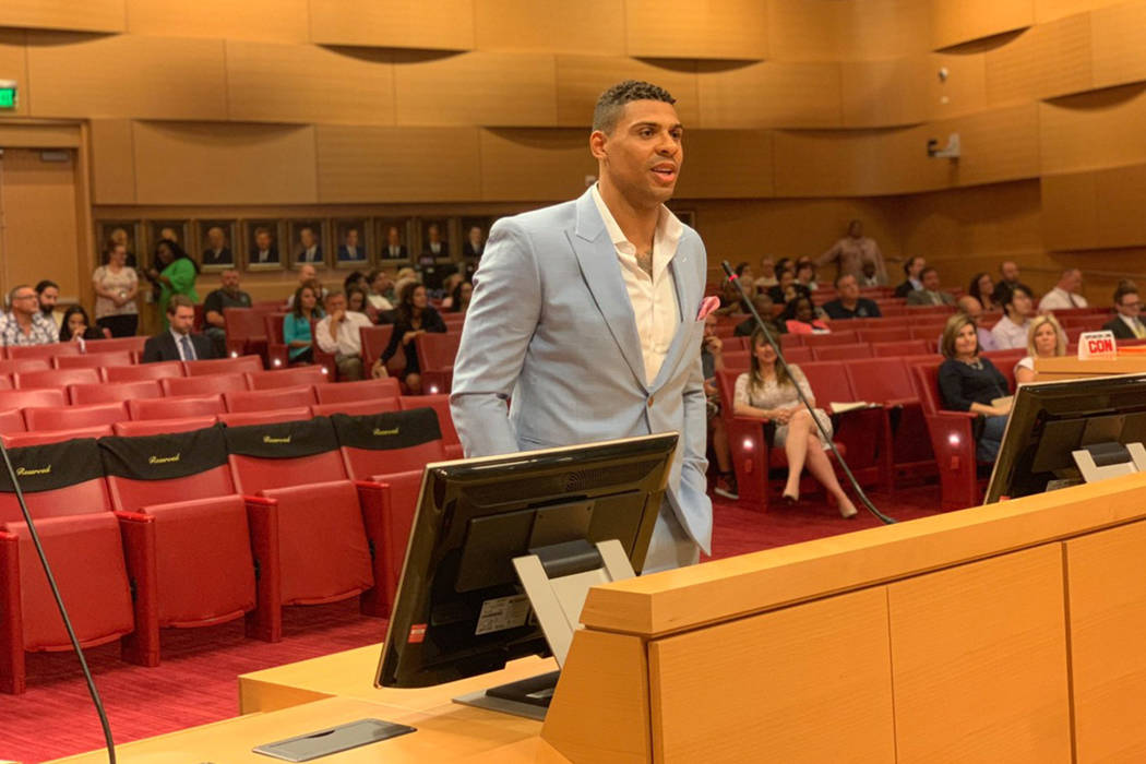Golden Knights' Ryan Reaves appears during a city council meeting where they approved a liquor ...