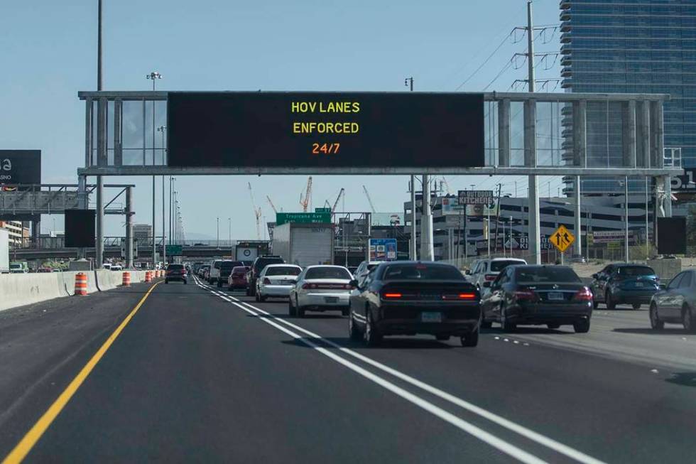 The high occupancy vehicle lane is largely empty on Interstate 15 southbound near the East Flam ...