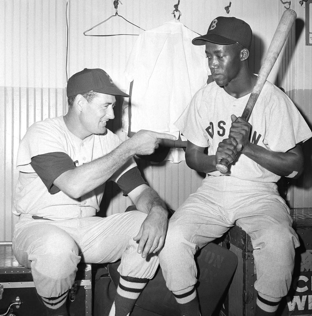 FILE - In this July 1959 file photo, Elijah "Pumpsie Green, right, an infielder who was re ...