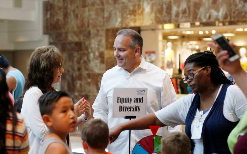 Clark County School District Superintendent Jesus Jara speaks with individuals during the annua ...