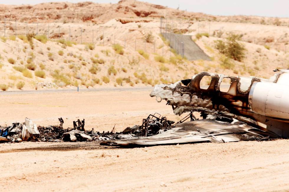 The aftermath of a plane crash at the Mesquite Municipal Airport on Thursday, July 18, 2019. Th ...