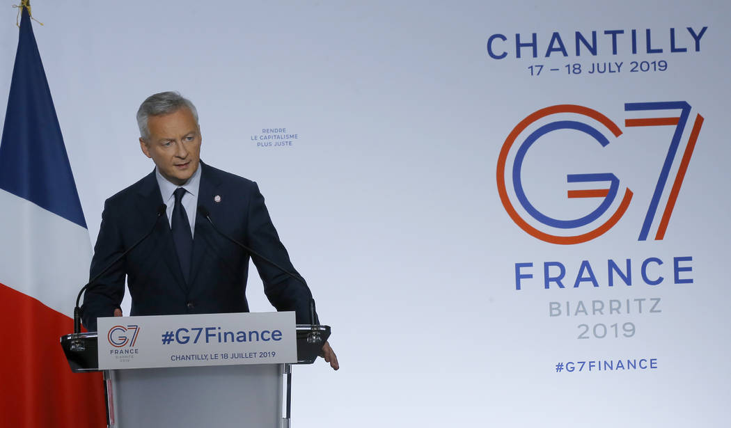 French Finance Minister Bruno Le Maire delivers his speech at the end of the G-7 Finance Thursd ...