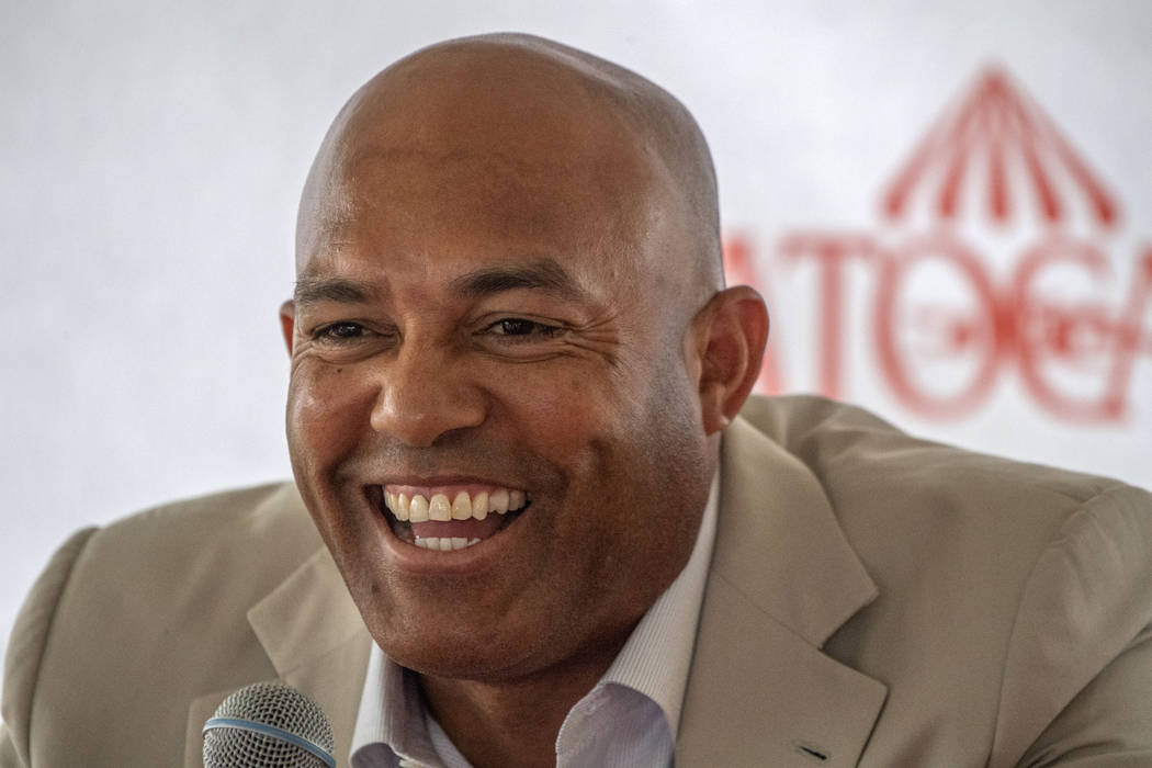 Mariano Rivera speaks to the media during a visit to Saratoga Race Course on Friday, July 12, 2 ...