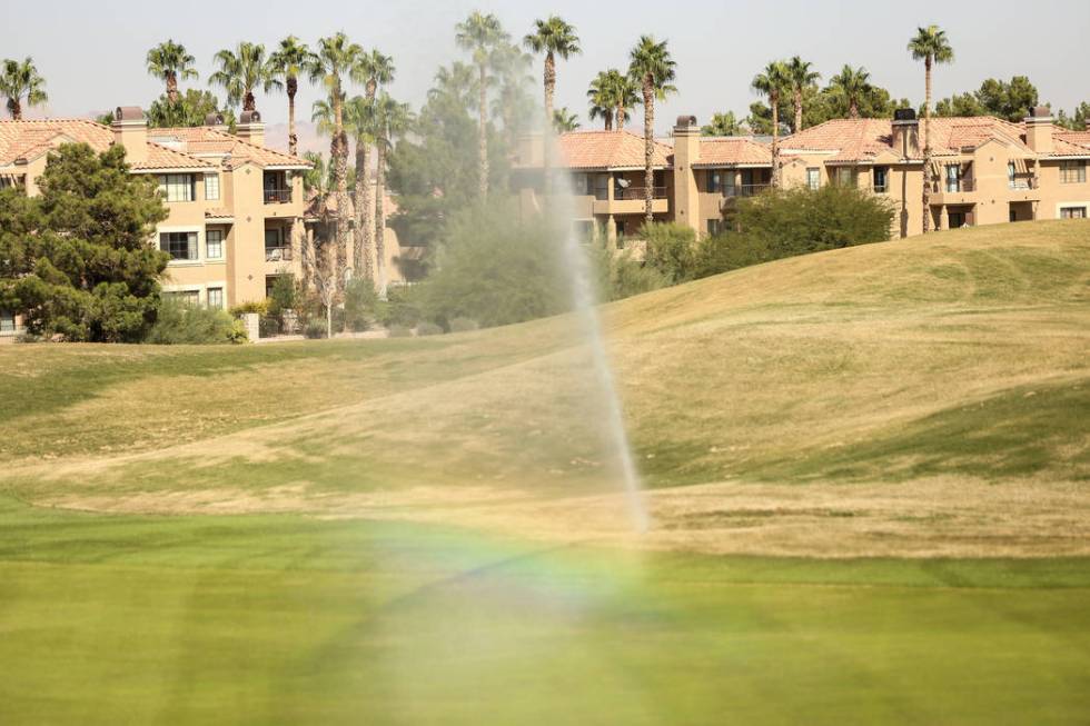 Sprinklers water the lawn at Legacy Golf Club in Henderson, Thursday, Oct. 12, 2017. (Las Vegas ...