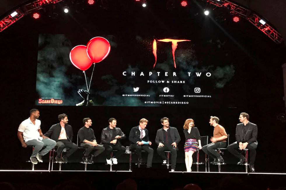 Casts of "It: Chapter Two" sit at a Comic-Con event Wednesday night, July 17, 2019 at the Sprec ...