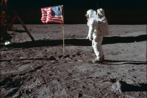 In this July 20, 1969 photo made available by NASA, astronaut Buzz Aldrin Jr. poses for a photo ...