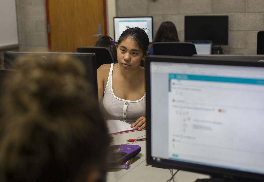 Samantha Kabiling works on a computer in the Math Bridge class at UNLV in Las Vegas, Thursday, ...