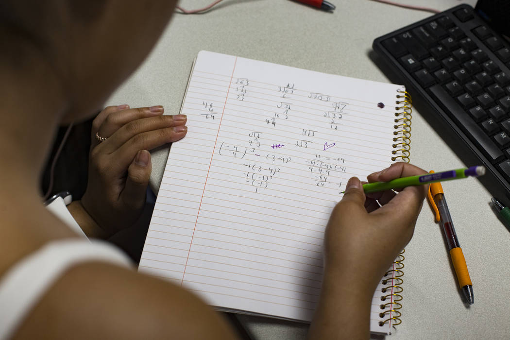 Samantha Kabiling works on an equation in the Math Bridge class at UNLV in Las Vegas, Thursday, ...