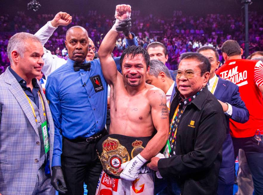 Manny Pacquiao with his belt after defeating Keith Thurman in their WBA super welterweight worl ...