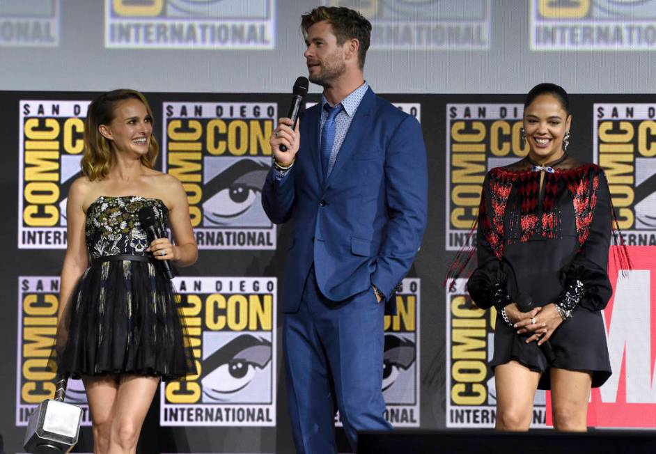 Natalie Portman, from left, Chris Hemsworth and Tessa Thompson participate during the "Tho ...