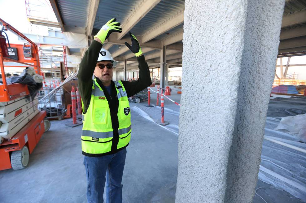 Don Webb, chief operating officer of the LV Stadium Co., shows the steel beam fire proofing at ...