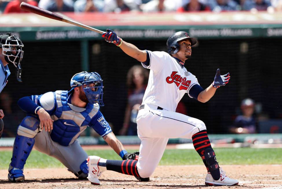 Cleveland Indians' Francisco Lindor watches his ball after hitting a two-run home run in the th ...