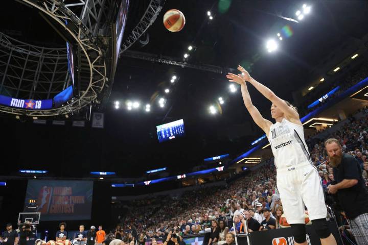 Chicago Sky guard Allie Quigley shoots during the Three-Point Contest in the WNBA All-Star bask ...