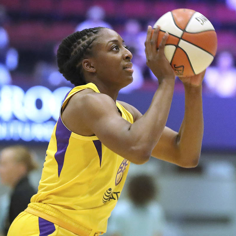 Los Angeles Sparks Nneka Ogwumike #30 warms up against the New York Liberty during a WNBA baske ...