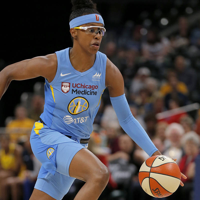 INDIANAPOLIS, IN JUNE 15 2019: Chicago Sky guard Diamond DeShields (1) drives the ball up court ...