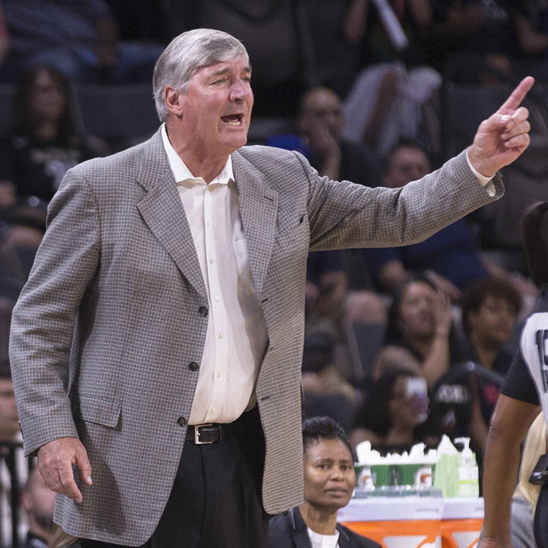 Las Vegas Aces head coach Bill Laimbeer makes a defensive call in the second quarter during Veg ...