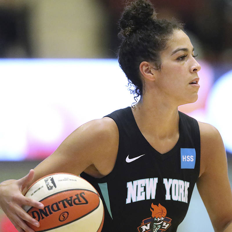 New York Liberty's Kia Nurse #5 in action against the Los Angeles Sparks during a WNBA basketba ...