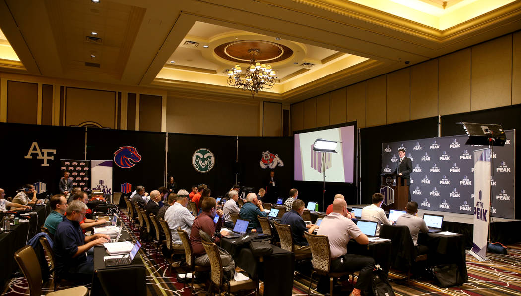 Mountain West commissioner Craig Thompson speaks during conference football media days at Green ...