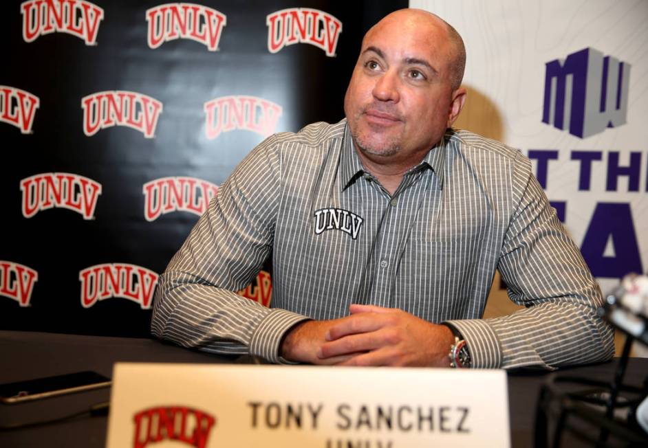 UNLV Rebels head coach Tony Sanchez talks to reporters during Mountain West football media days ...