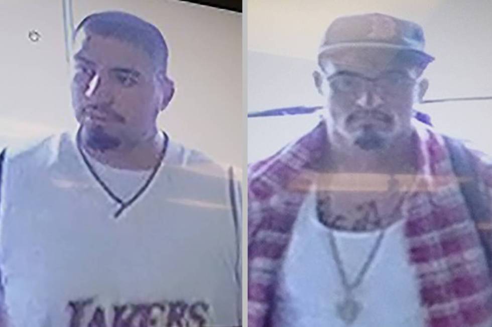 North Las Vegas police released a description and surveillance photos of two suspects who took ...