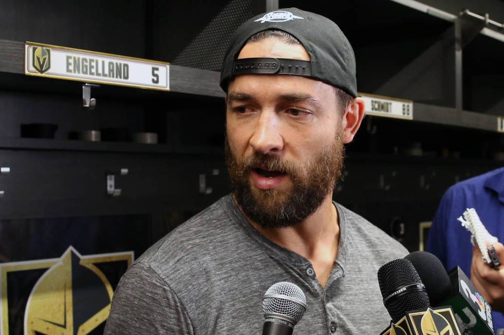 Golden Knights defenseman Deryk Engelland addresses the media at City National Arena on Thursda ...