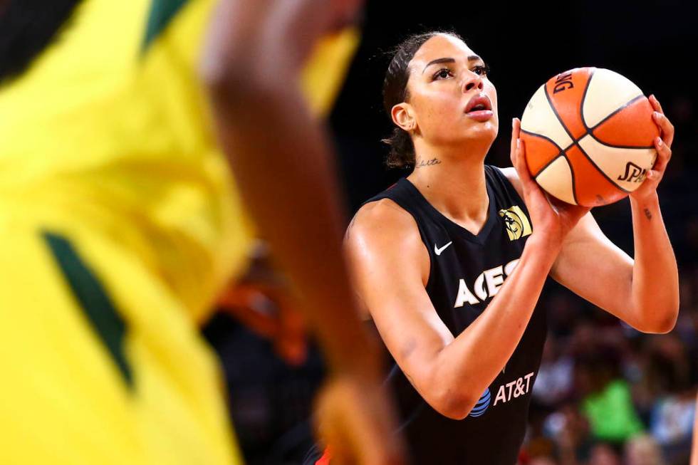 Las Vegas Aces' Liz Cambage looks to shoot a free throw against the Seattle Storm during the fi ...
