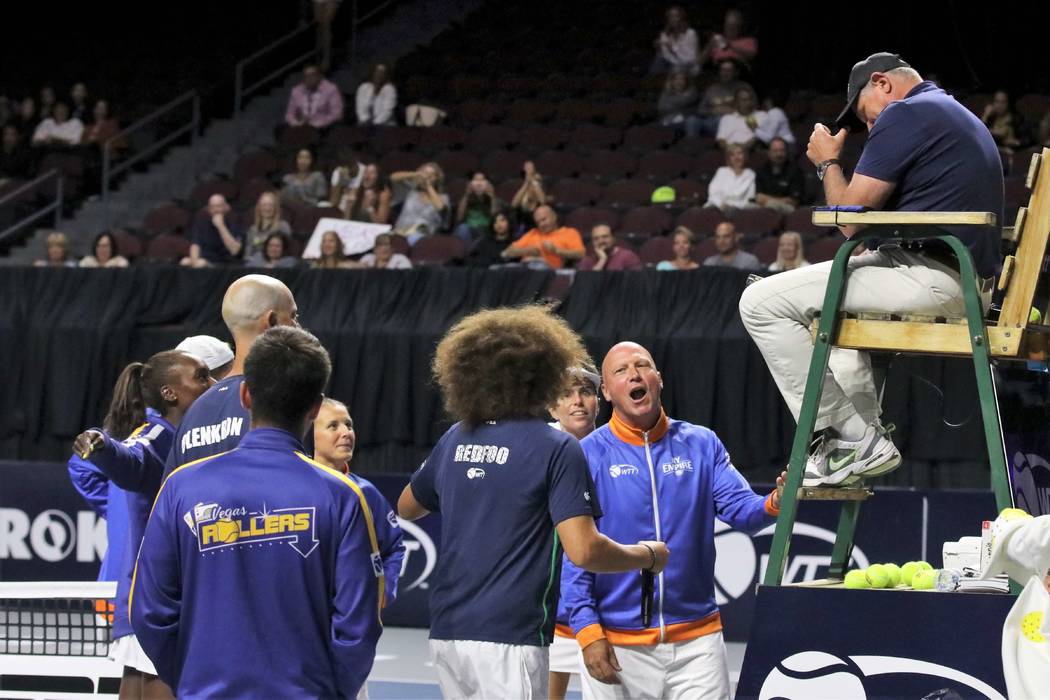 Redfoo is shown in spirited discourse with New York Empire head coach Luke Jensen at the Vegas ...