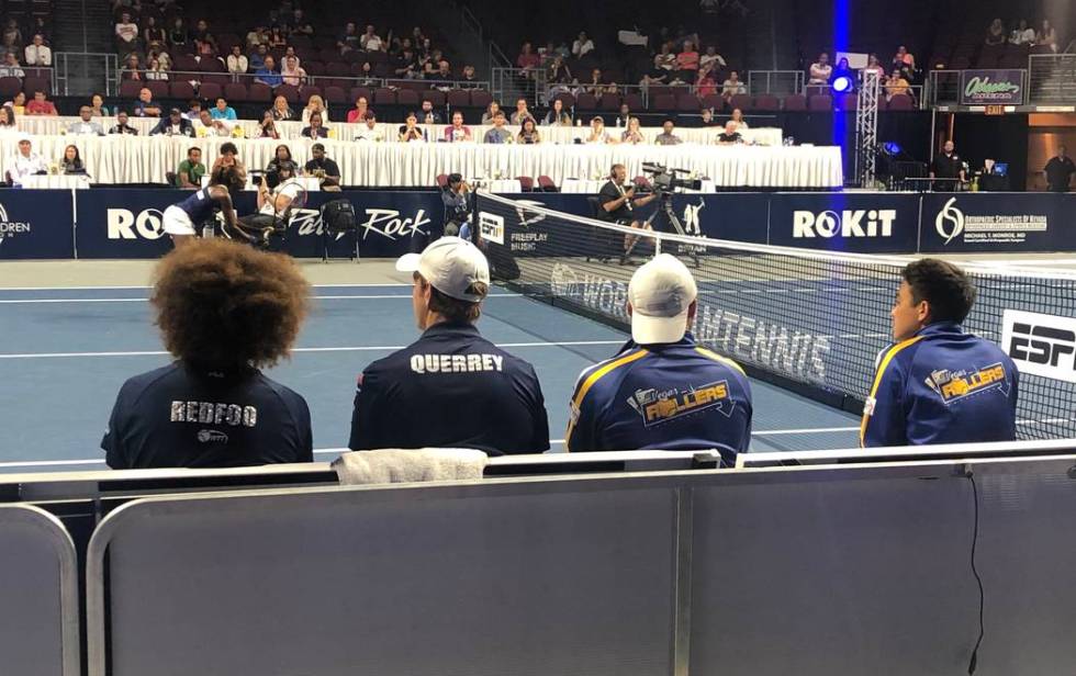 Redfoo is shown on the bencgh at the Vegas Rollers-New York Empire match at Orleans Arena on Tu ...