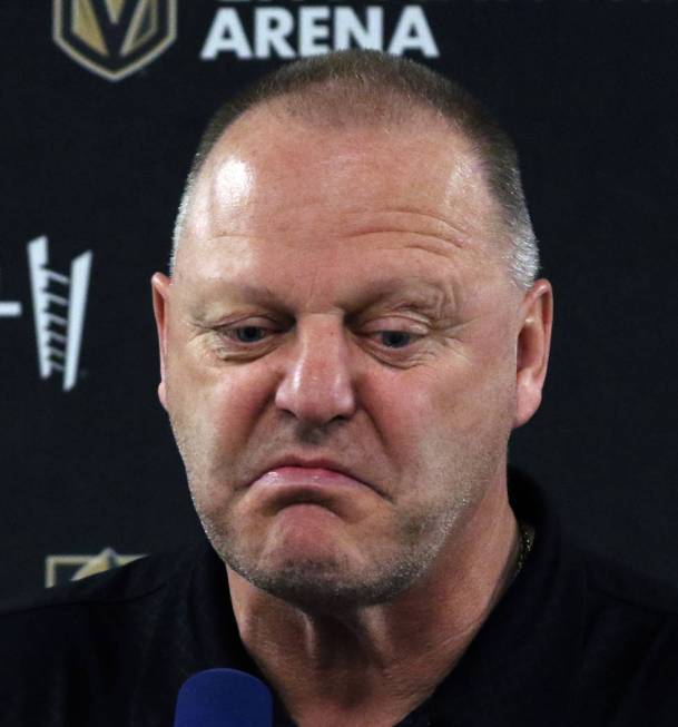 Golden Knights coach Gerard Gallant pauses as he addresses the media at City National Arena on ...