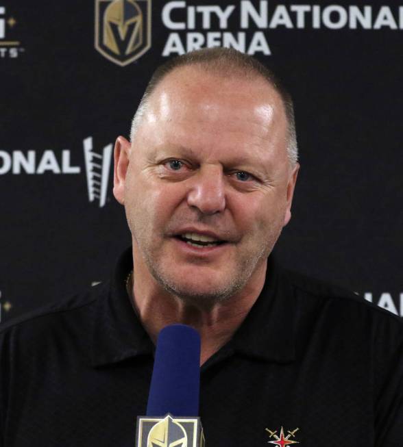 Golden Knights coach Gerard Gallant addresses the media at City National Arena on Thursday, Apr ...