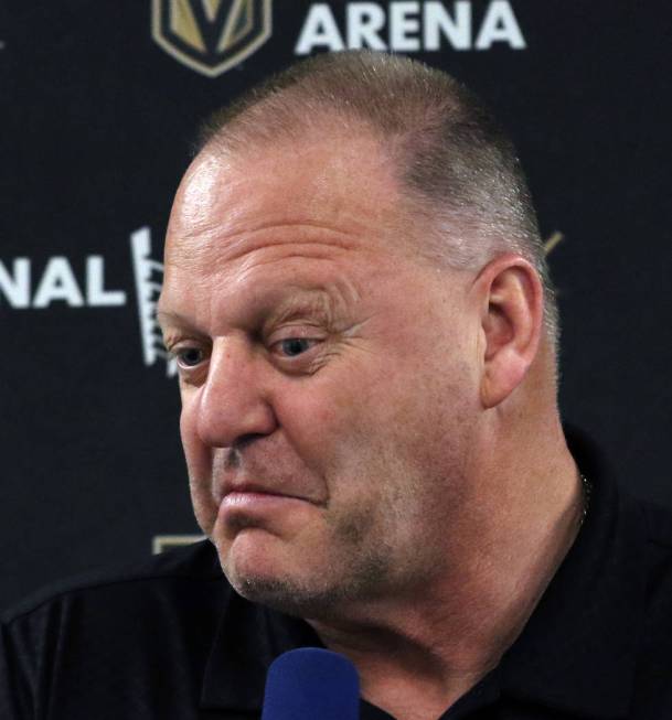 Golden Knights coach Gerard Gallant pauses as he addresses the media at City National Arena on ...