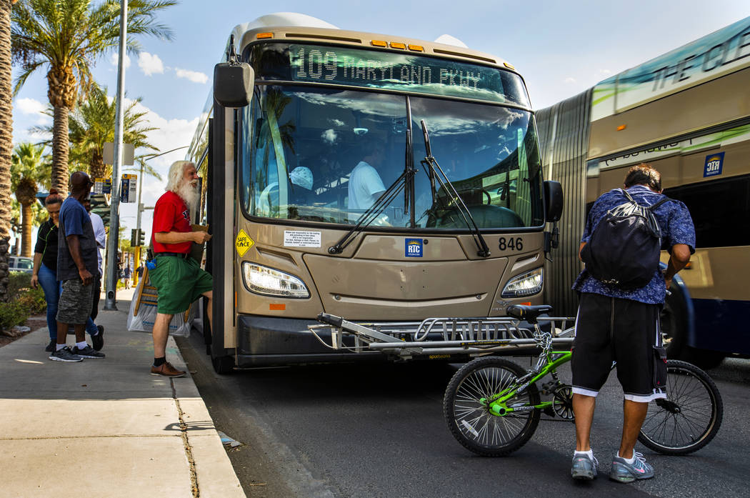 Passengers board an RTC Las Vegas 109 bus as it makes its way along South Maryland Parkway nort ...