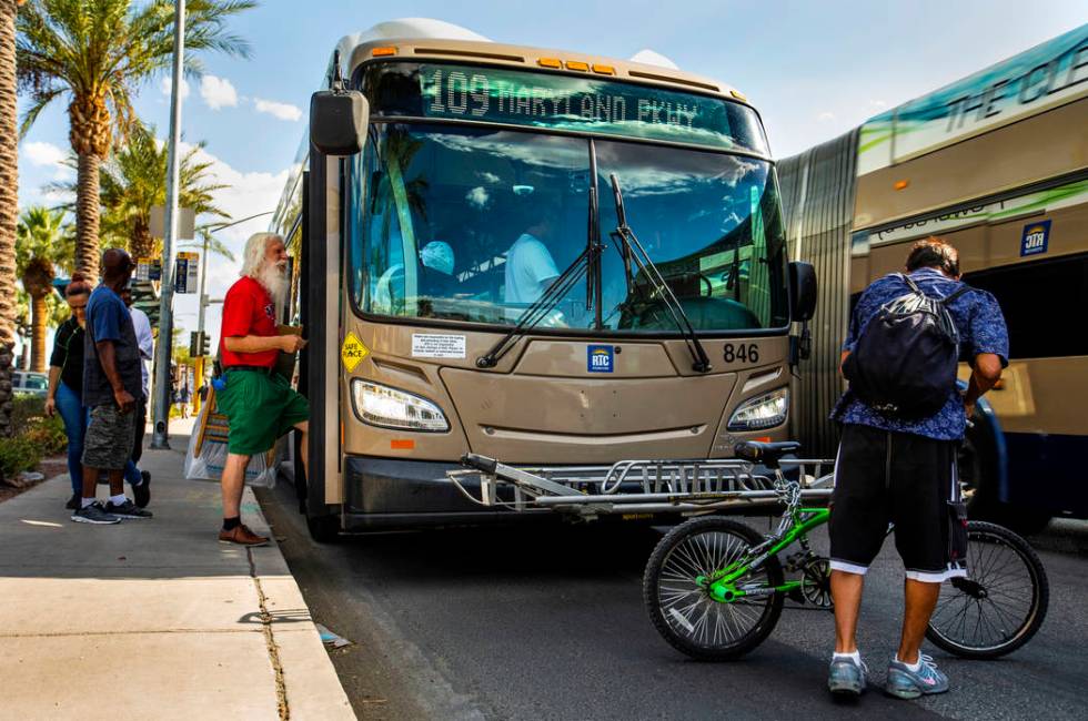 Passengers board an RTC Las Vegas 109 bus as it makes its way along South Maryland Parkway nort ...