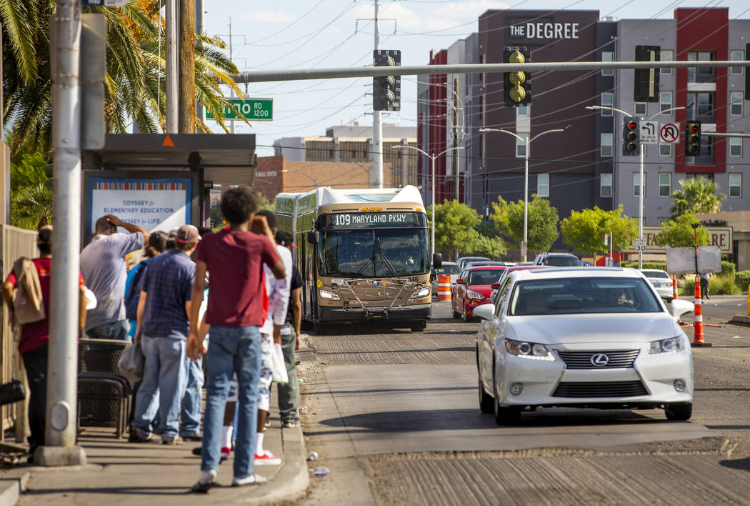 Passengers board an RTC Las Vegas 109 bus as it makes its way along South Maryland Parkway nort ...