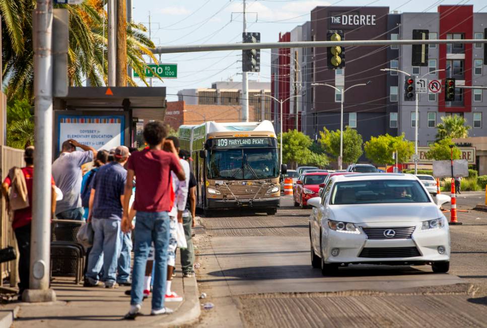 Passengers board an RTC Las Vegas 109 bus as it makes its way along South Maryland Parkway nort ...