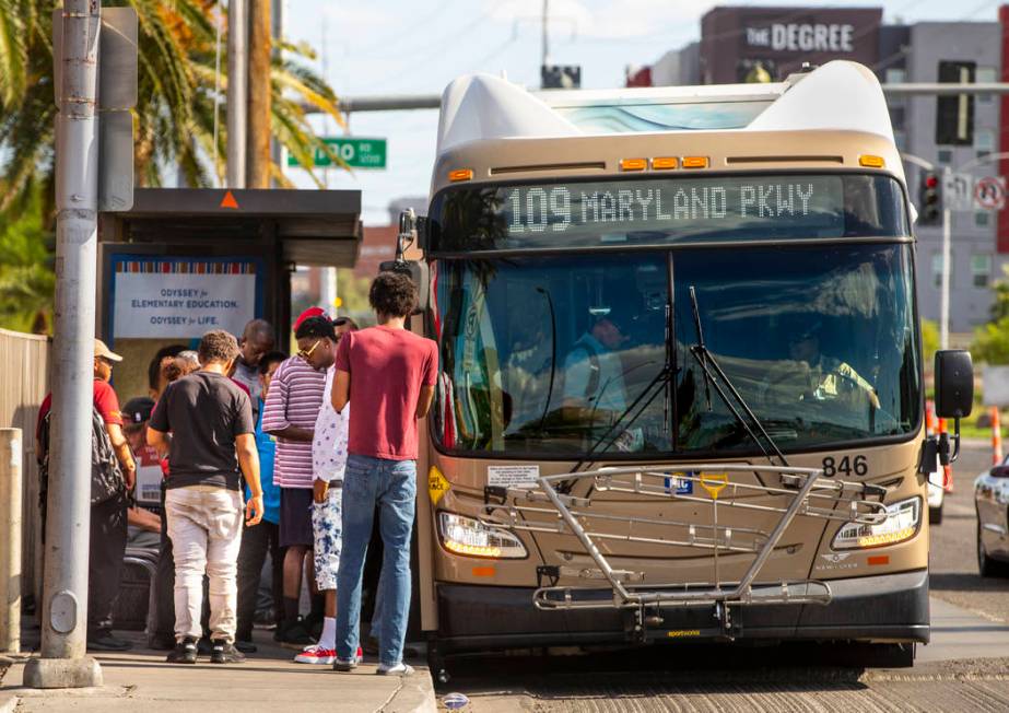 Passengers board an RTC Las Vegas 109 bus as it makes its way along South Maryland Parkway nort ...