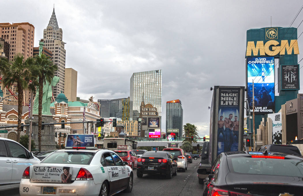 The skyline of the Strip facing north on Thursday, May 9, 2019, in Las Vegas. (Benjamin Hager/L ...