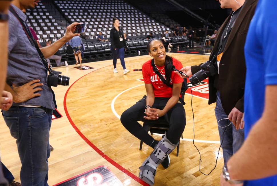 Las Vegas Aces' A'ja Wilson is interviewed ahead of the WNBA All-Star Game and skills challenge ...
