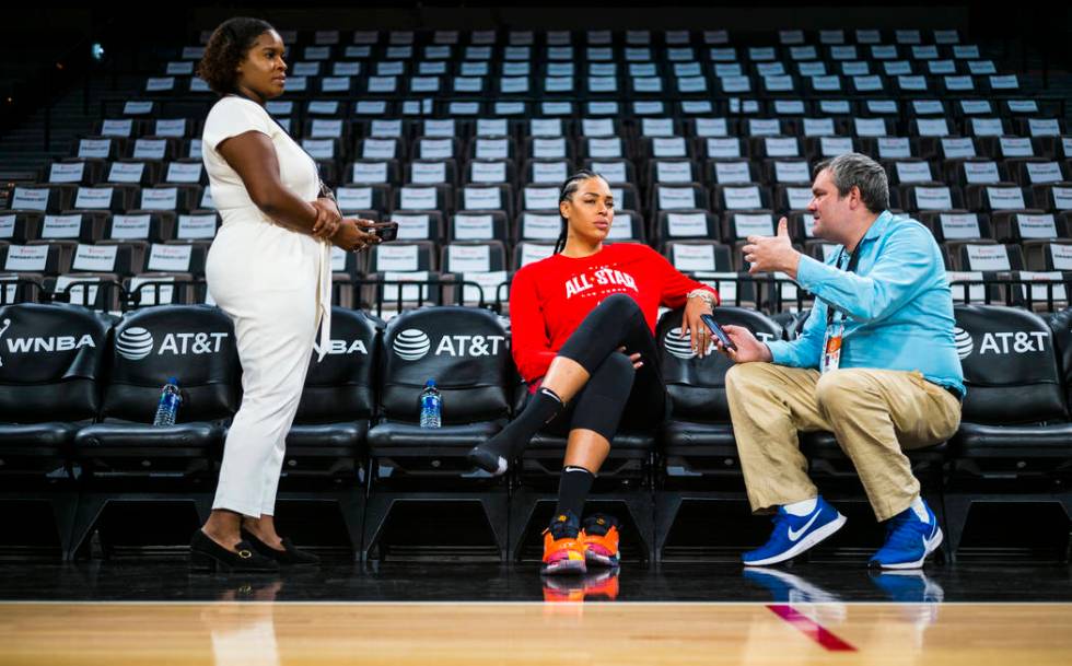 Las Vegas Aces' Liz Cambage is interviewed before practicing ahead of the WNBA All-Star Game an ...