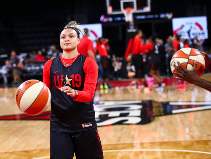 Las Vegas Aces' Kayla McBride looks to shoot during practice ahead of the WNBA All-Star Game an ...