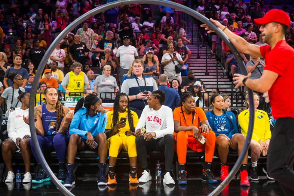 Players wait to compete in the WNBA All-Star skills challenges at the Mandalay Bay Events Cente ...