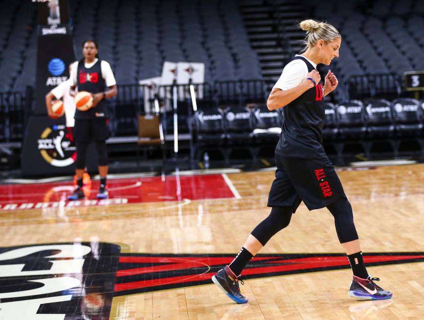 Washington Mystics' Elena Delle Donne celebrates after scoring a half-court shot during practic ...